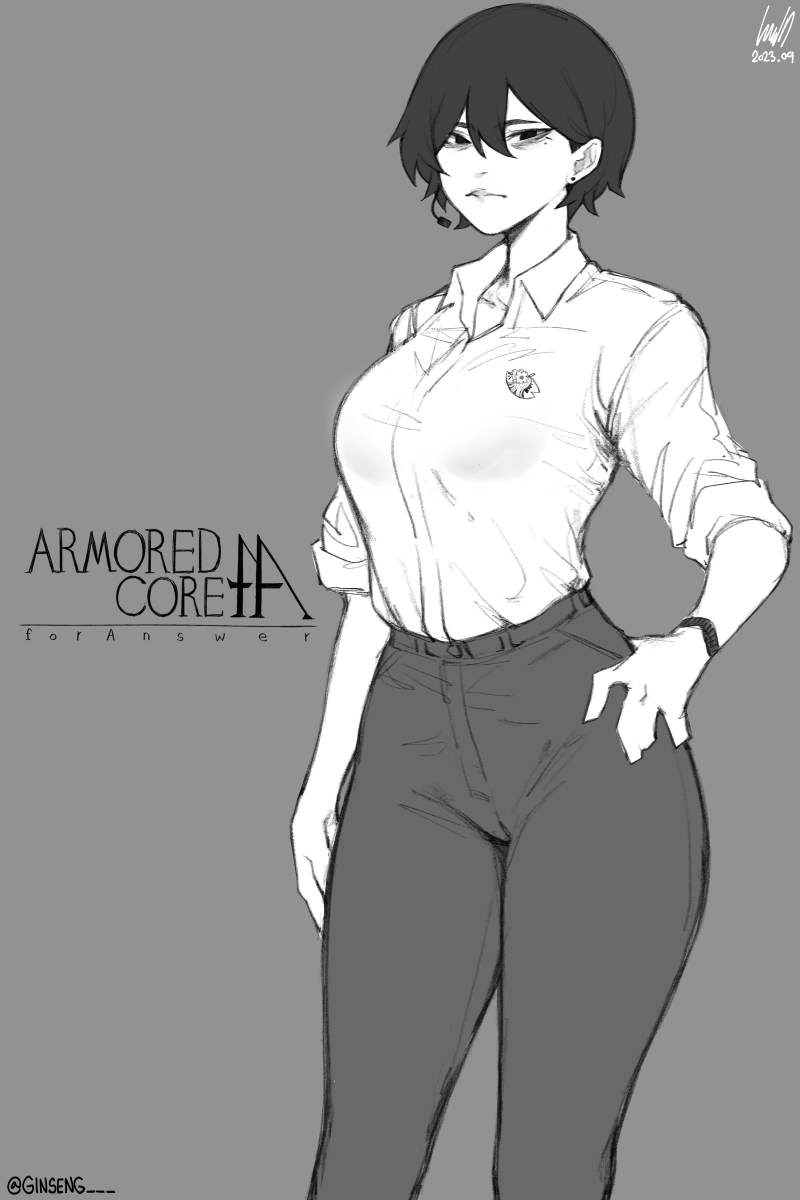 1girl, armored_core, armored_core:_for_answer, armored_core_4, bags_under_eyes, breasts, collared_shirt, double-parted_bangs