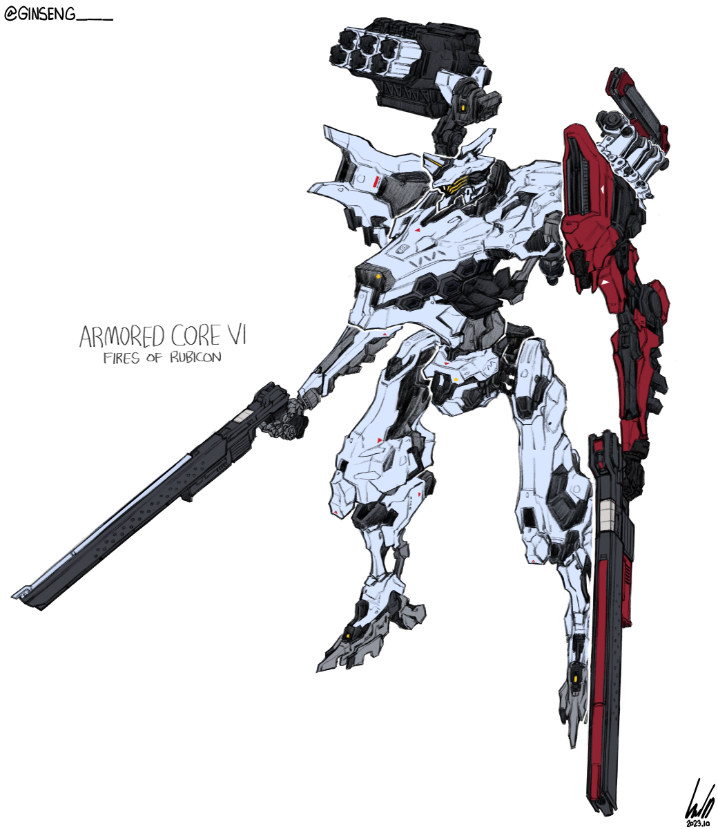 armored_core, armored_core_vi:_fires_of_rubicon, copyright_name, dated, ginseng_(xin), gun, highres, holding, holding_gun, holding_weapon, mecha, mismatched_arms, missile_pod, no_humans, rifle, robot, shoulder_cannon, signature, simple_background, twitter_username, weapon, white_background