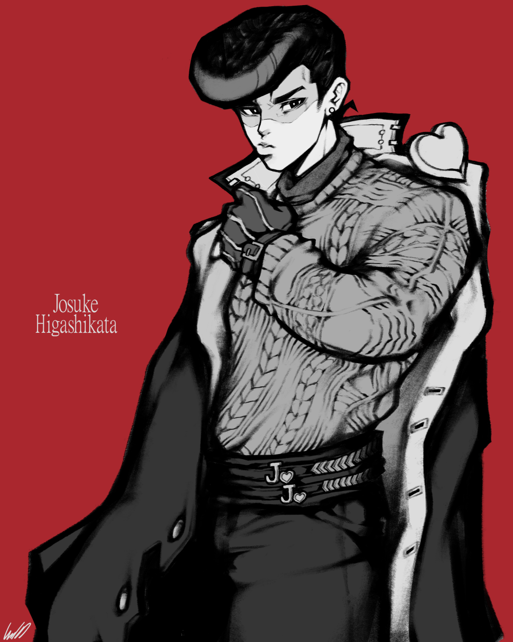 1boy, aran_sweater, arm_out_of_sleeve, bright_pupils, cable_knit, cowboy_shot, earrings, english_commentary