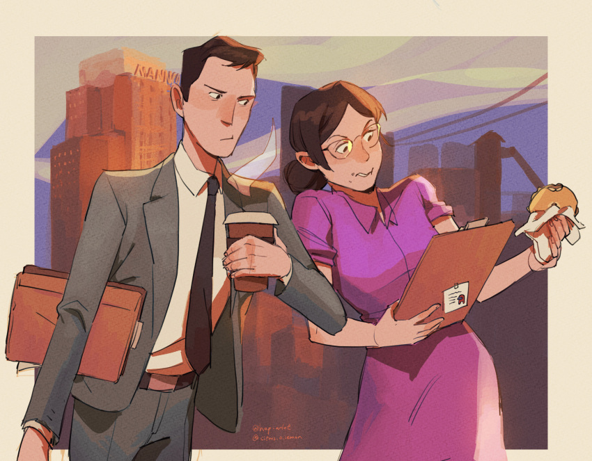 1boy, 1girl, among_us, bagel, belt, black_hair, breasts, brown_hair
