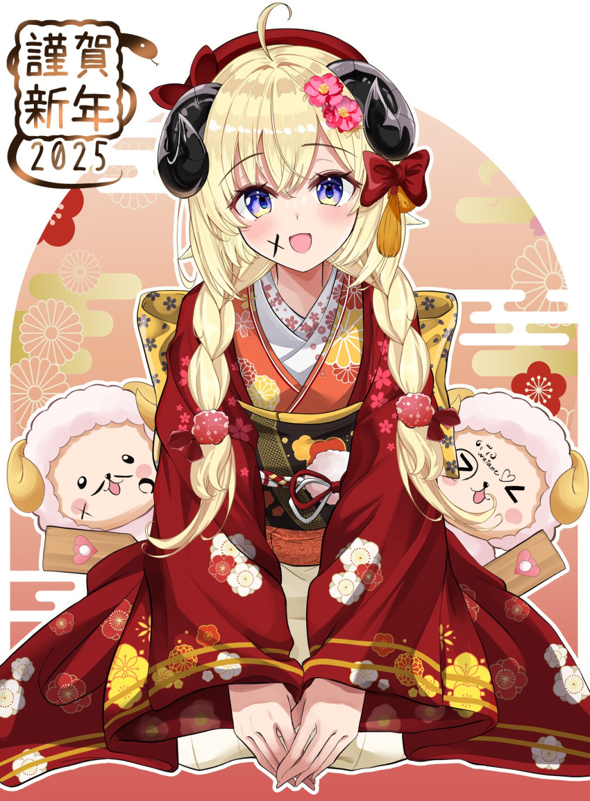 1girl, 2025, ahoge, blonde_hair, chinese_zodiac, full_body, haori, highres, hololive, horns, inokeiwd, japanese_clothes, kimono, kneeling, long_hair, red_haori, red_kimono, sheep_girl, sheep_horns, tsunomaki_watame, virtual_youtuber, watamate, year_of_the_snake