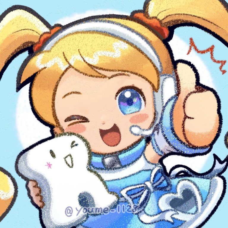 ;d, blonde_hair, blue_collar, blue_dress, blue_eyes, blush_stickers, character_request, chibi