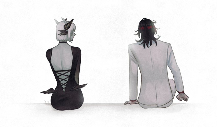 1boy, 1girl, backless_dress, backless_outfit, black_dress, black_hair, black_horns, black_wings