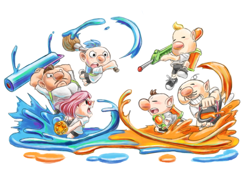 1girl, 5boys, abs, alien, alph_(pikmin), alternate_costume, big_nose, black_footwear