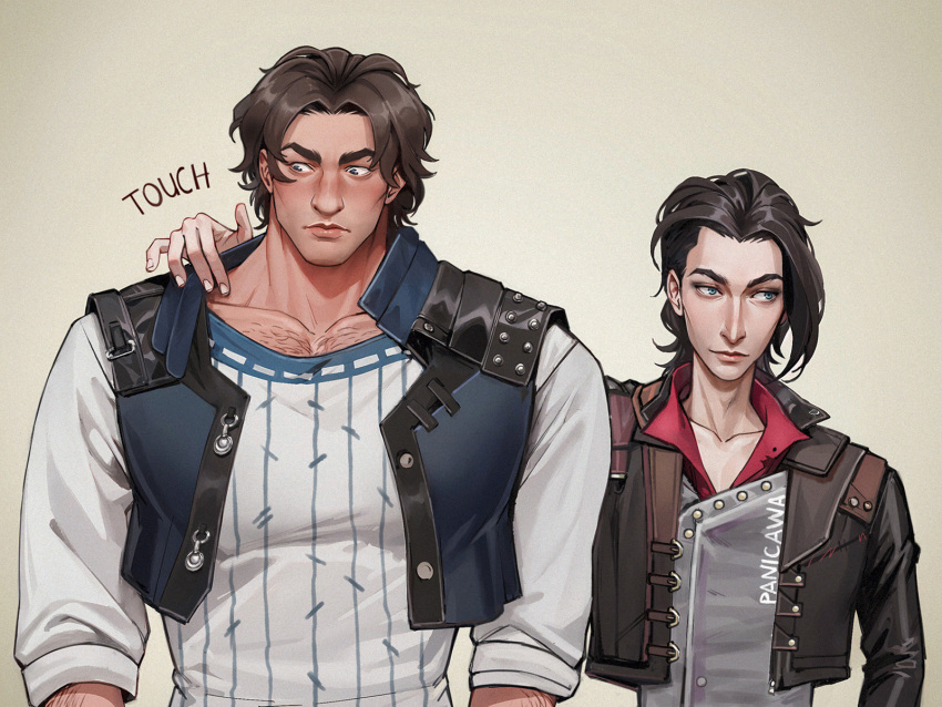 2boys, adelheid_(moschiola), arcane:_league_of_legends, arm_hair, black_hair, blue_eyes, blush, brown_hair