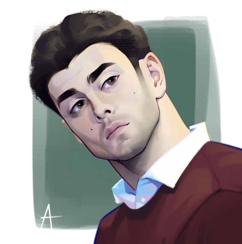 1boy, absurdres, brown_eyes, brown_hair, cleft_chin, collar, drawpips, expressionless
