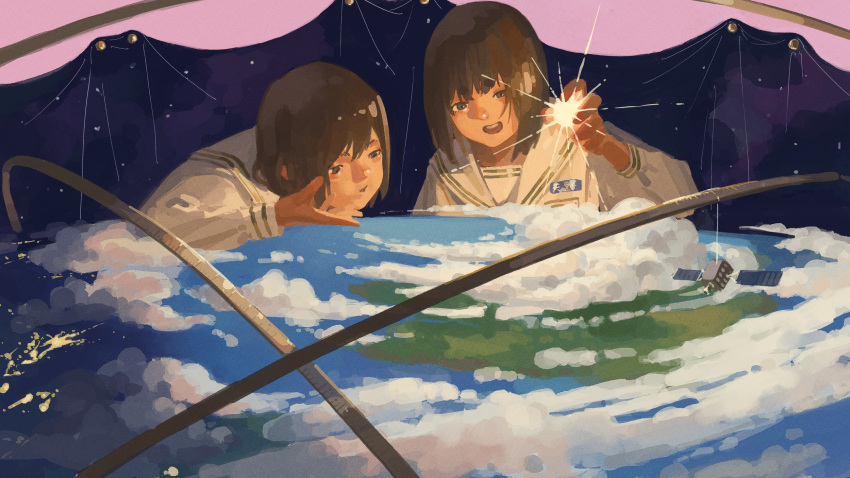 2girls, brown_eyes, brown_hair, clouds, earth_(planet), english_commentary, highres, multiple_girls