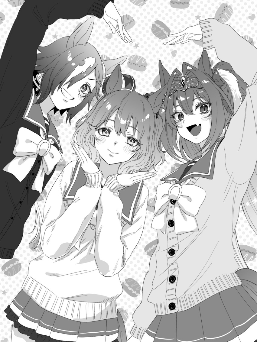 3girls, :d, animal_ear_piercing, animal_ears, aston_machan_(umamusume), blush, bow, bowtie, cardigan, commentary, cowboy_shot, crown, daiwa_scarlet_(umamusume), fang, frilled_skirt, frills, girl_sandwich, greyscale, grin, hair_intakes, hair_over_one_eye, heart, heart_arms_trio, highres, horse_ears, horse_girl, horse_tail, long_hair, looking_at_viewer, macaron_background, mini_crown, monochrome, multiple_girls, open_mouth, pleated_skirt, polka_dot, polka_dot_background, ribbon, sandwiched, sarachi_(sara_dayluv), school_uniform, serafuku, short_hair, skin_fang, skirt, slit_pupils, smile, star_(symbol), symbol-only_commentary, tail, tiara, tracen_school_uniform, umamusume, vodka_(umamusume)