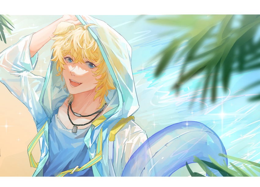 1boy, absurdres, ahoge, animal_ears, arknights, beach, blonde_hair, blue_eyes