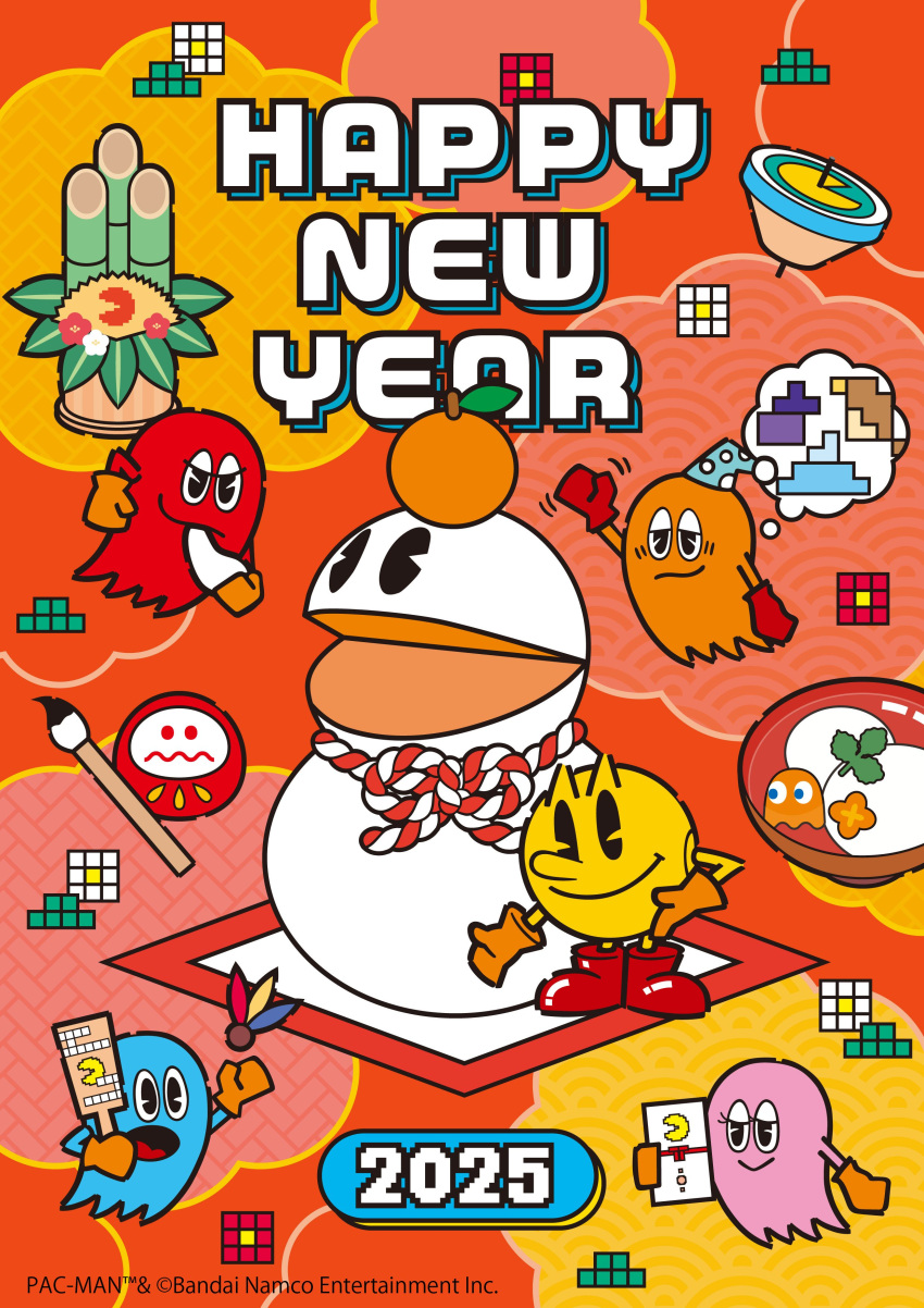 1girl, 2025, 4boys, absurdres, bamboo, bandai, bandai_namco, blinky_(pac-man), clyde_(pac-man), daruma_doll, food, fruit, fukuwarai, ghost, happy_new_year, highres, inky_(pac-man), mandarin_orange, mochi, multiple_boys, namco, orange_background, pac-man, pac-man_(game), pinky_(pac-man), snowman