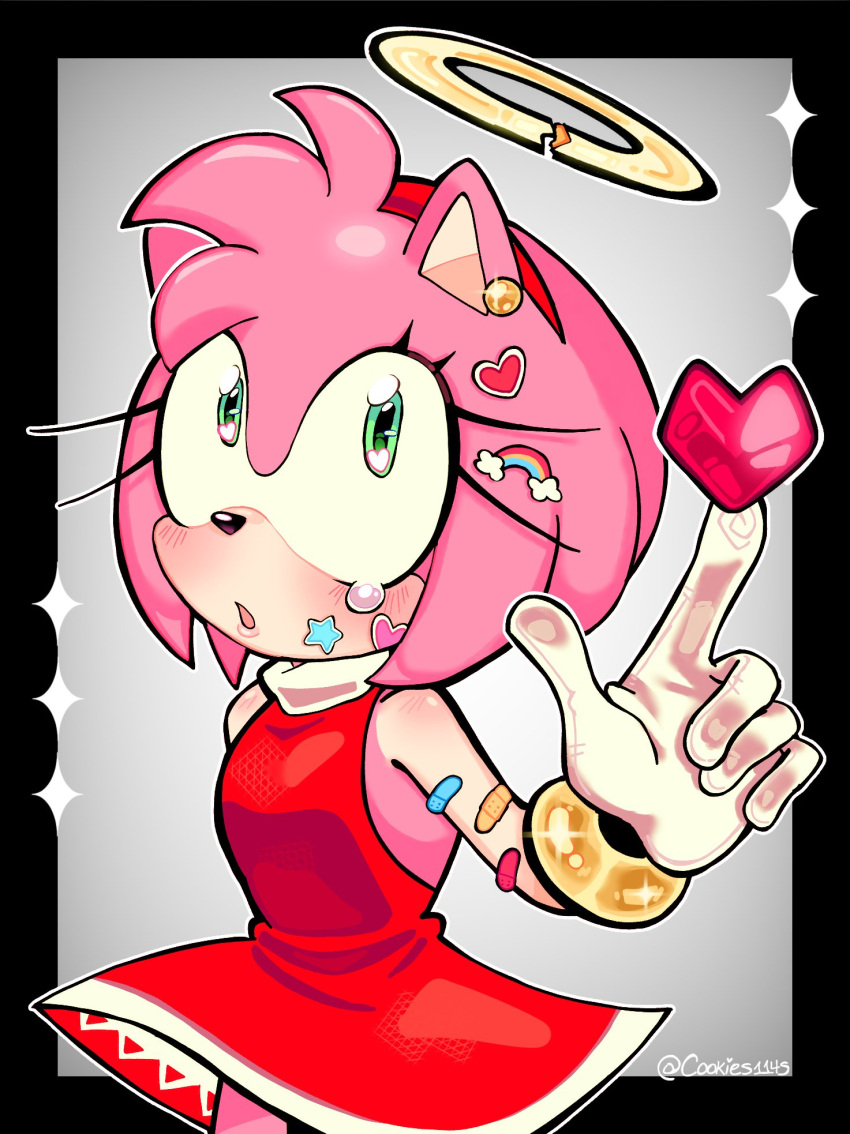 amy_rose, artist_name, bracelet, cookies114s, dress, eyelashes, furry, gloves, green_eyes, halo, heart, hedgehog, hedgehog_girl, open_mouth, pink, pink_fur, pink_hair, simple_background, skirt, sonic_(series), sticker_on_arm, sticker_on_face, turtleneck, turtleneck_dress