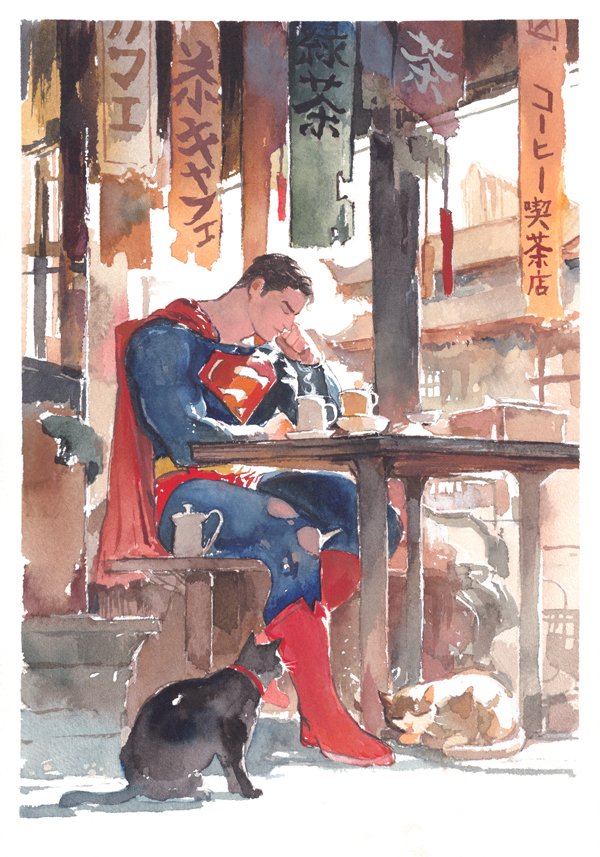 1boy, architecture, belt, black_fur, black_hair, brown_fur, cat, closed_eyes, coffee_mug, cup, dc_comics, east_asian_architecture, itoscaresme, light_smile, mug, painting_(medium), red_footwear, short_hair, sitting, superman, superman_(series), table, teacup, traditional_media, watercolor_(medium), whiskers, yellow_belt