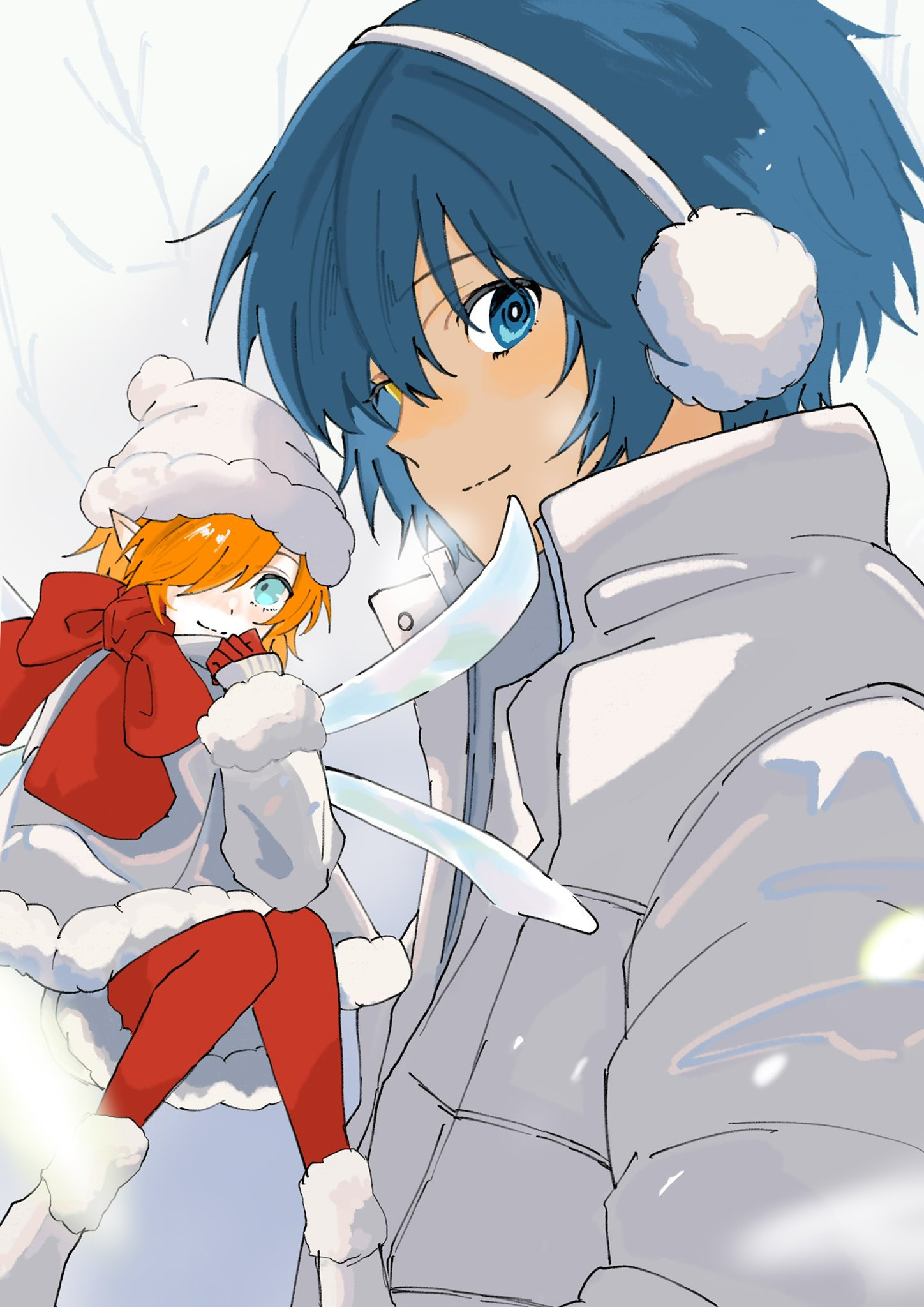 1boy, 1girl, bare_tree, blue_eyes, blue_hair, boots, closed_mouth, coat