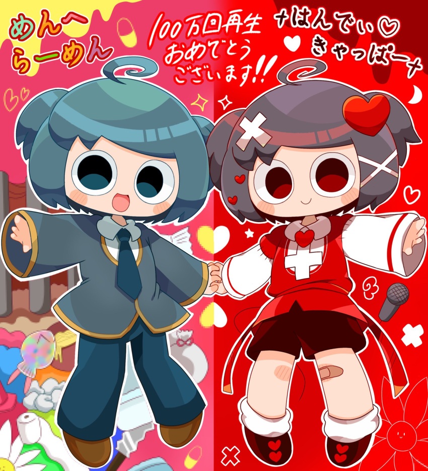2boys, :d, ahoge, arm_up, bandaid, bandaid_on_knee, bandaid_on_leg, black_eyes