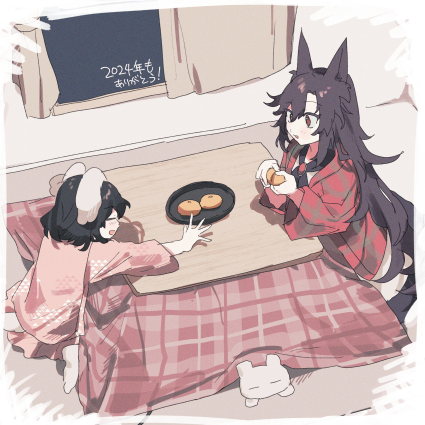 2024, 2girls, =_=, absurdres, animal_ears, asymmetrical_bangs, black_hair, black_ribbon