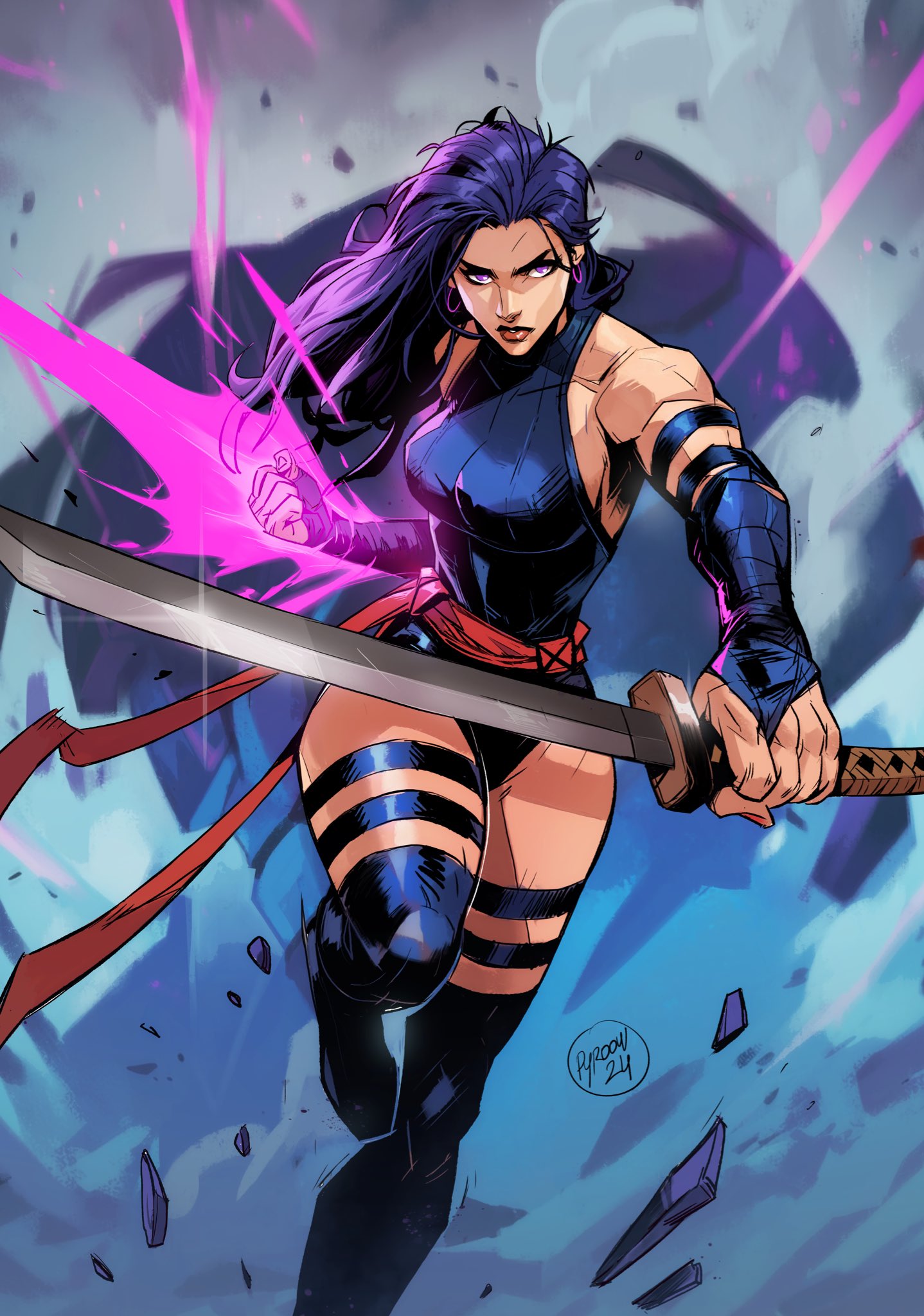 1girl, animification, bare_shoulders, blue_leotard, breasts, elbow_gloves, gloves, hicham_habchi, highleg, highleg_leotard, highres, holding, holding_sword, holding_weapon, large_breasts, leotard, long_hair, looking_at_viewer, marvel, psylocke, purple_hair, sash, sentinel_(x-men), solo, superhero_costume, sword, thigh-highs, violet_eyes, weapon, x-men