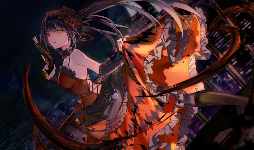 1girl, absurdres, amari, antique_firearm, bare_shoulders, black_hair, breasts, clock_eyes