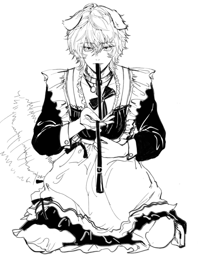 1boy, animal_ears, apron, arknights, black_bow, black_dress, black_leash, bow