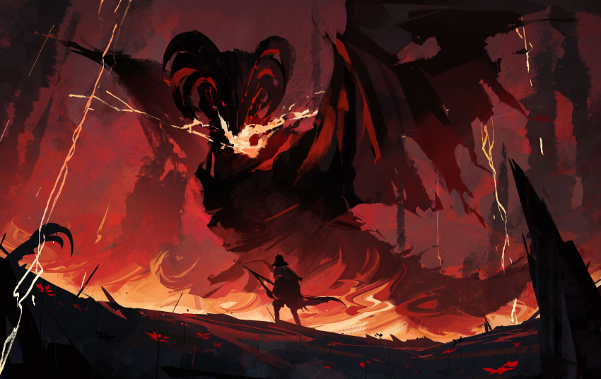 1boy, absurdres, amputee, battle_damage, bayle_the_dread, bow_(weapon), broken_wing, cape