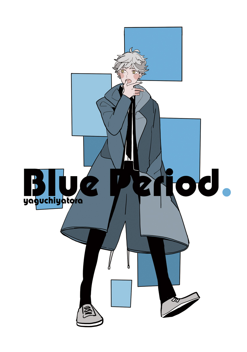 1boy, black_pants, blue_period, coat, grey_footwear, grey_hair, hand_in_mouth, hand_in_pocket