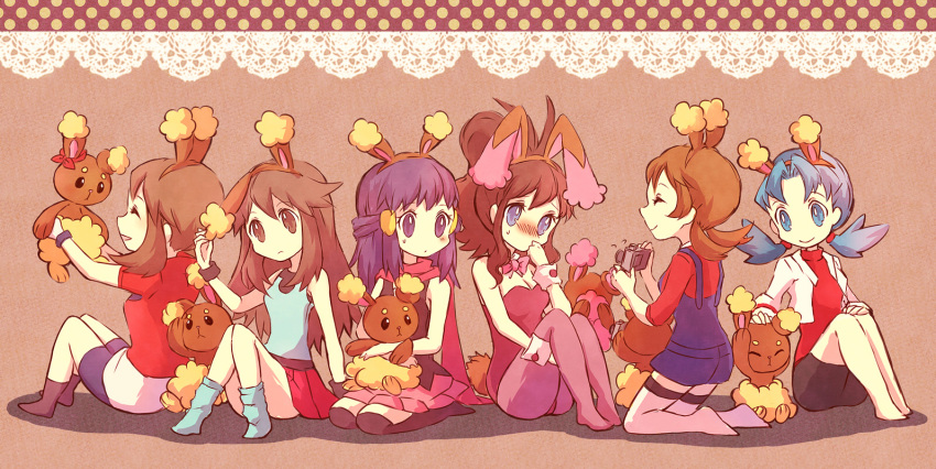 alternate_color, alternate_headwear, animal_ears, bare_shoulders, barefoot, bike_shorts, blue_(pokemon), blue_eyes