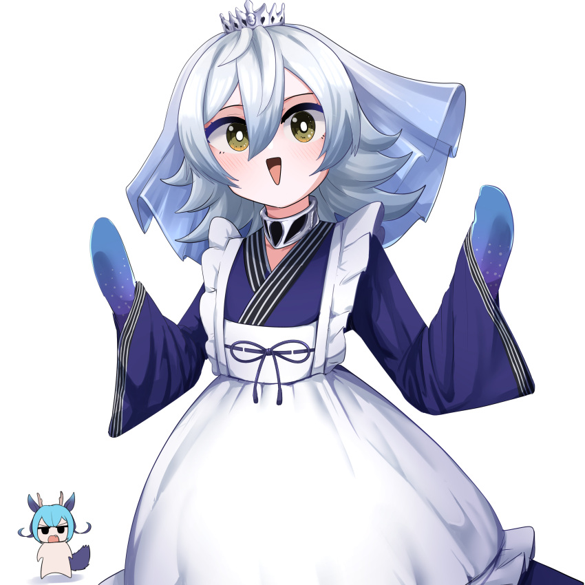 2girls, absurdres, angry, apron, blue_kimono, chibi, collar, cosplay, cotan_(actancyaga), cowboy_shot, duel_monster, flat_chest, hair_between_eyes, highres, japanese_clothes, kimono, laundry_dragonmaid, laundry_dragonmaid_(cosplay), looking_at_viewer, maid, maid_apron, medium_hair, multiple_girls, smile, solo_focus, tearlaments_merrli, tiara, triangle_mouth, veil, wa_maid, white_background, white_hair, yellow_eyes, yu-gi-oh!