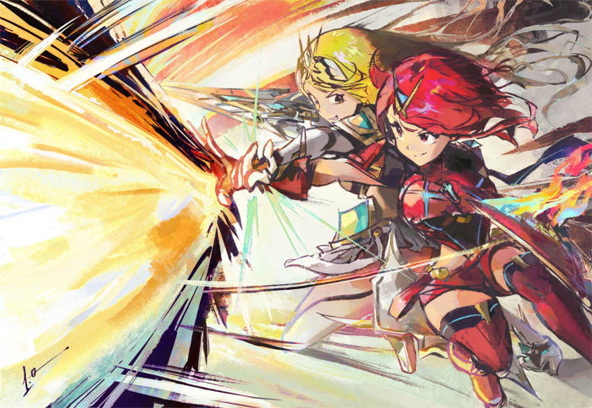 2girls, aegis_sword_(xenoblade), blonde_hair, bob_cut, breasts, chest_jewel, combined_attack, earrings, energy_beam, fingerless_gloves, fire, gloves, headpiece, highres, jewelry, large_breasts, long_hair, multiple_girls, mythra_(xenoblade), onepointzero, pyra_(xenoblade), red_eyes, red_shorts, redhead, short_hair, short_shorts, shorts, smile, swept_bangs, thigh-highs, tiara, xenoblade_chronicles_(series), xenoblade_chronicles_2, yellow_eyes