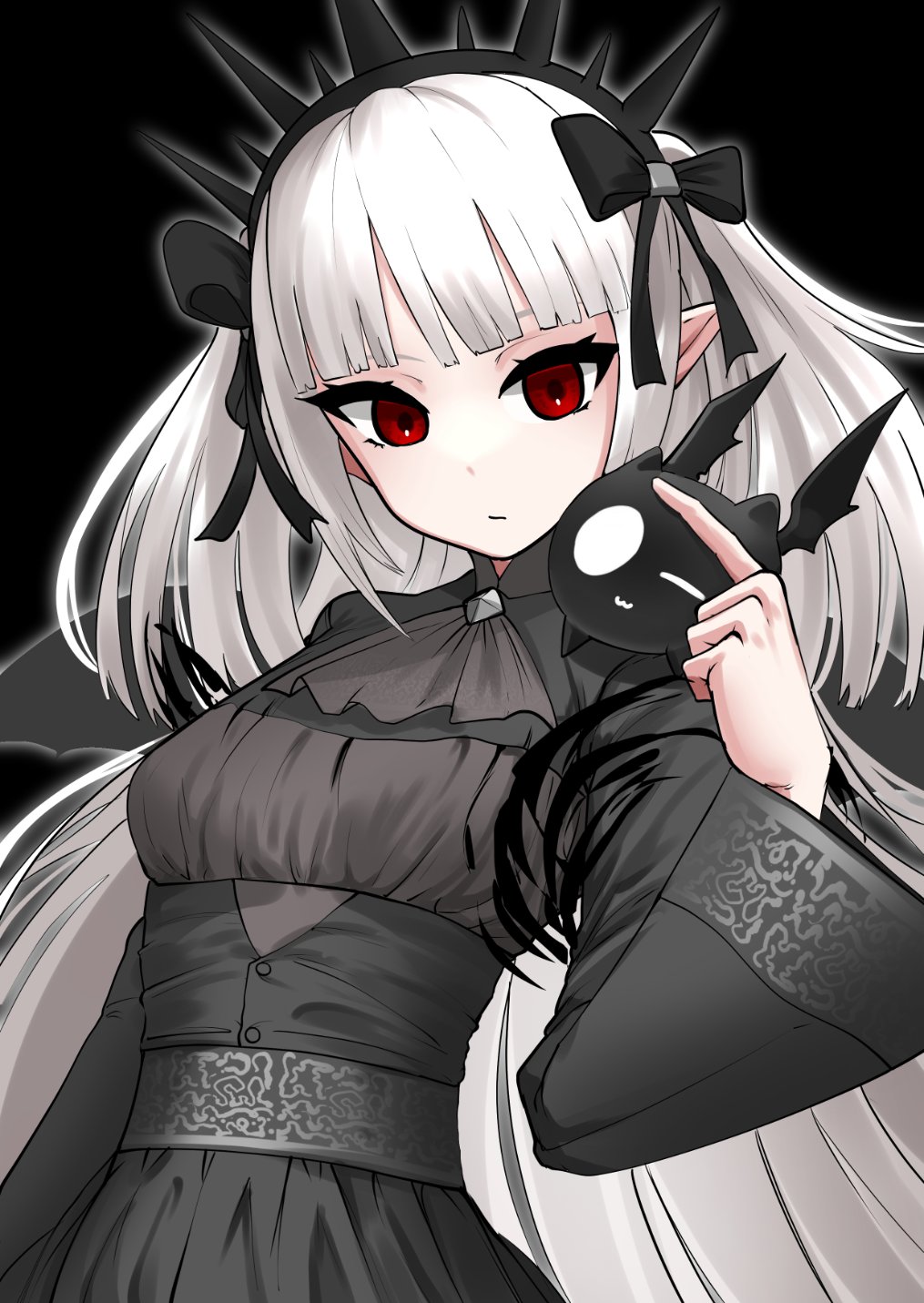 1girl, a-bao_a_qu_the_lightless_shadow, black_background, black_dress, black_ribbon, blunt_bangs, breasts, cotan_(actancyaga)