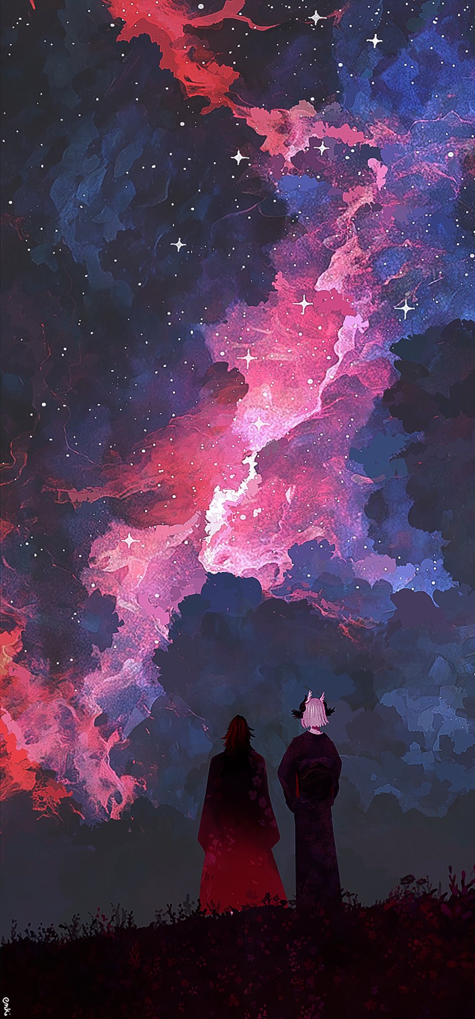 1boy, 1girl, black_hair, black_horns, black_kimono, clouds, cloudy_sky, commentary