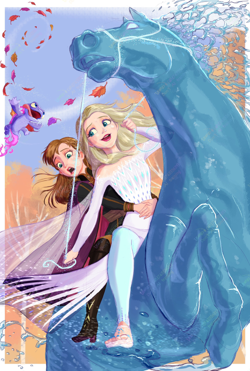 2girls, absurdres, anna_(frozen), black_footwear, black_jacket, black_pants, blonde_hair, blue_eyes