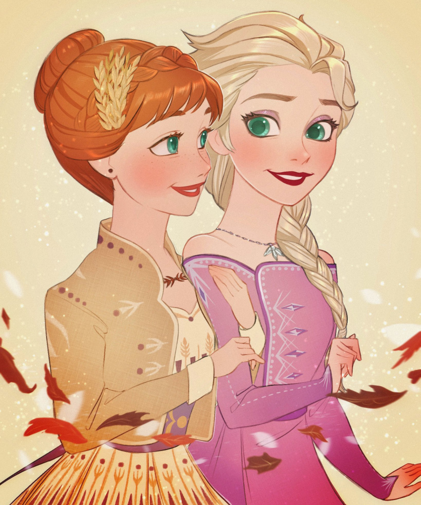 2girls, anna_(frozen), blonde_hair, braid, braided_ponytail, brown_hair, brown_jacket, dress