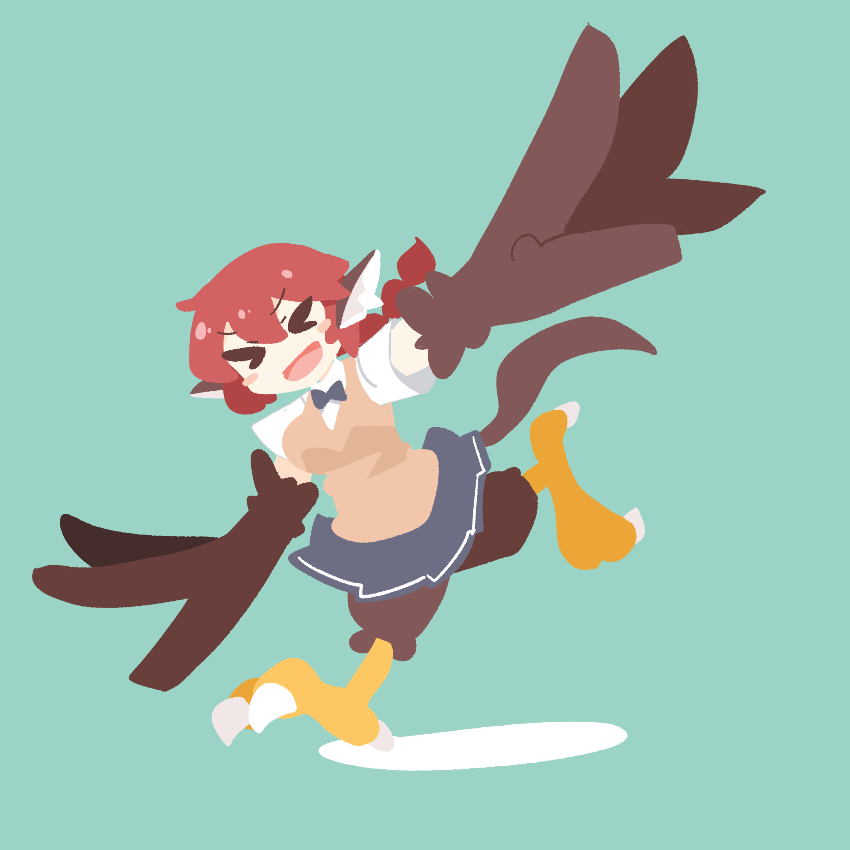 >o<, 1girl, animal_ears, big_o_pants, bird_ears, bird_legs, bird_tail, blue_skirt