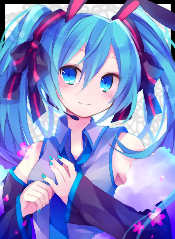 animal_ears, aqua_eyes, aqua_hair, bunny_ears, detached_sleeves, hatsune_miku, headset, ibara_riato