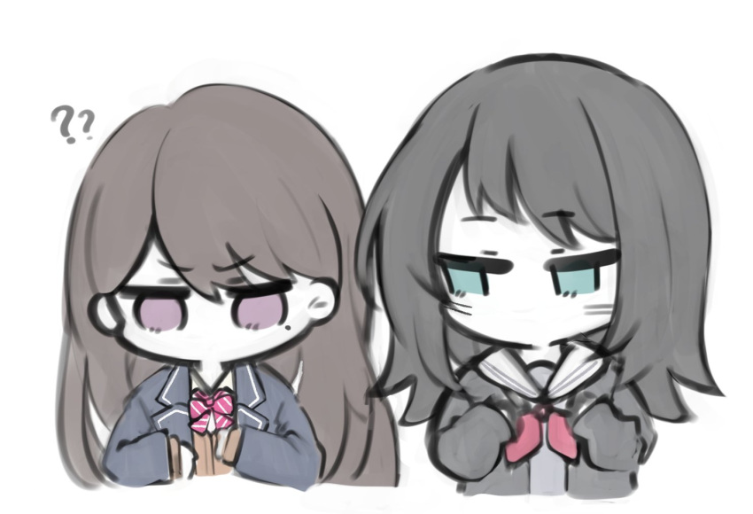 2girls, ?, ??, asahina_mafuyu, asahina_mafuyu_(cosplay), bang_dream!, bang_dream!_it's_mygo!!!!!, black_cardigan