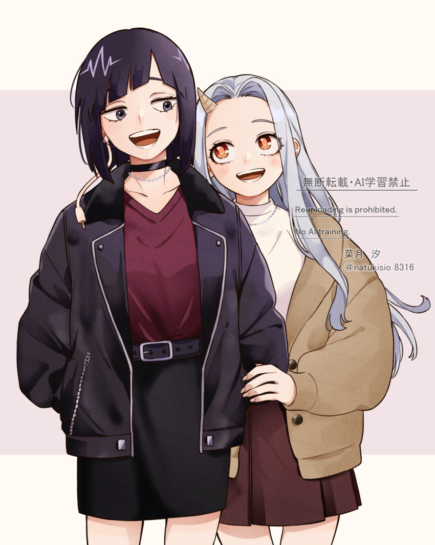 2girls, audio_jack, black_choker, black_eyes, black_hair, black_jacket, black_skirt, boku_no_hero_academia