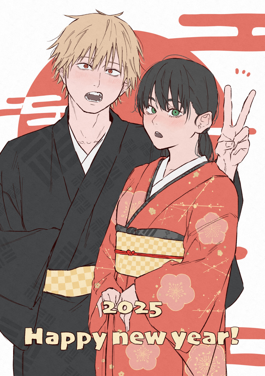1boy, 1girl, 2025, absurdres, black_hair, black_kimono, blonde_hair, chainsaw_man