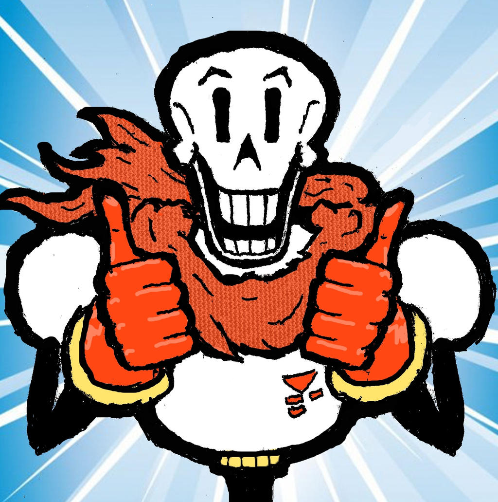 1boy, 2016, 2d, blue_background, cape, digital_media, double_thumbs_up, gloves, humanoid, male, male_only, monster, monster_boy, papyrus_(undertale), portrait, rather-rathest, red_cape, red_gloves, skeleton, solo, straight-on, teeth, thumbs_up, undead, undertale