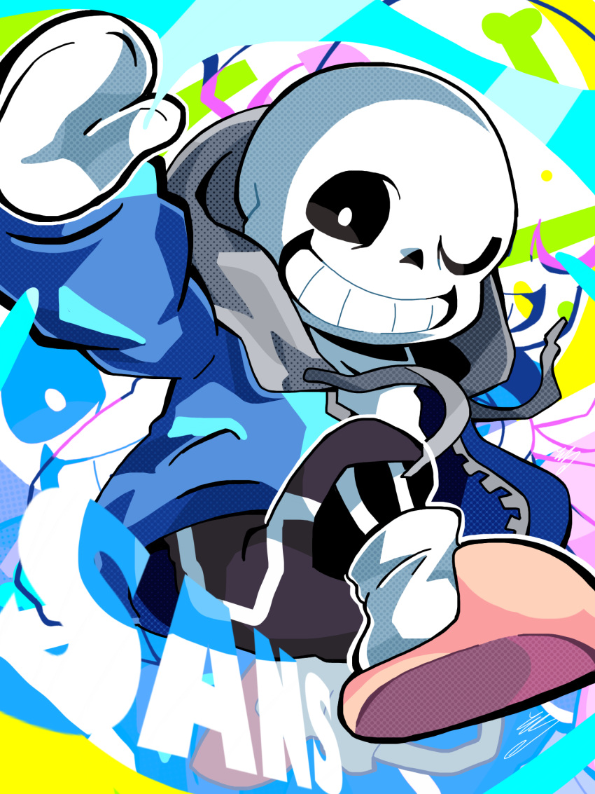 1boy, 2021, 2d, black_shorts, blue_background, blue_jacket, character_name, colorful