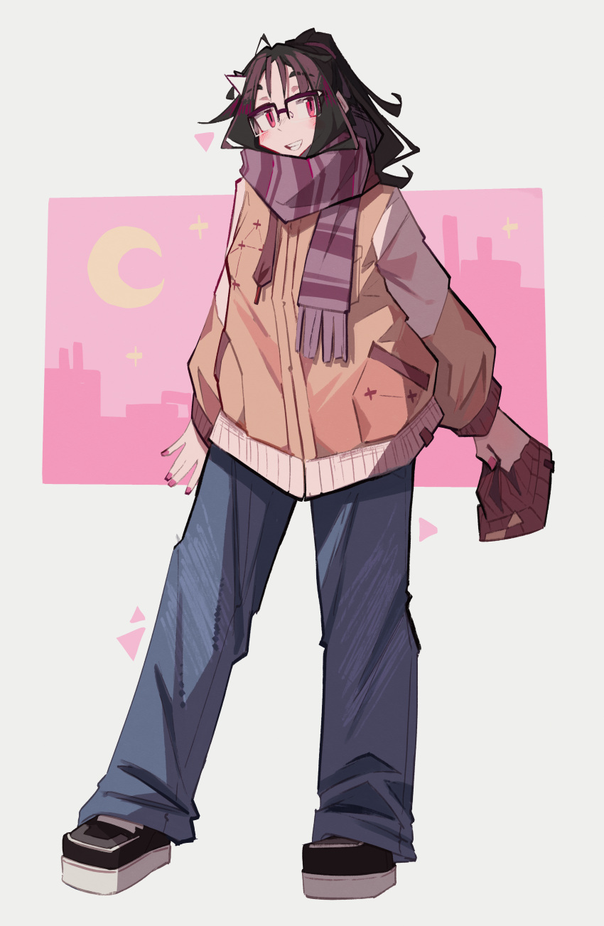 1girl, absurdres, black_hair, blue_pants, brown_jacket, commentary, english_commentary, full_body