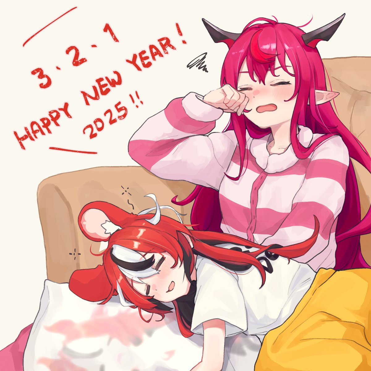 2025, 2girls, animal_ears, black_hair, dated, hakos_baelz, happy_new_year, highres