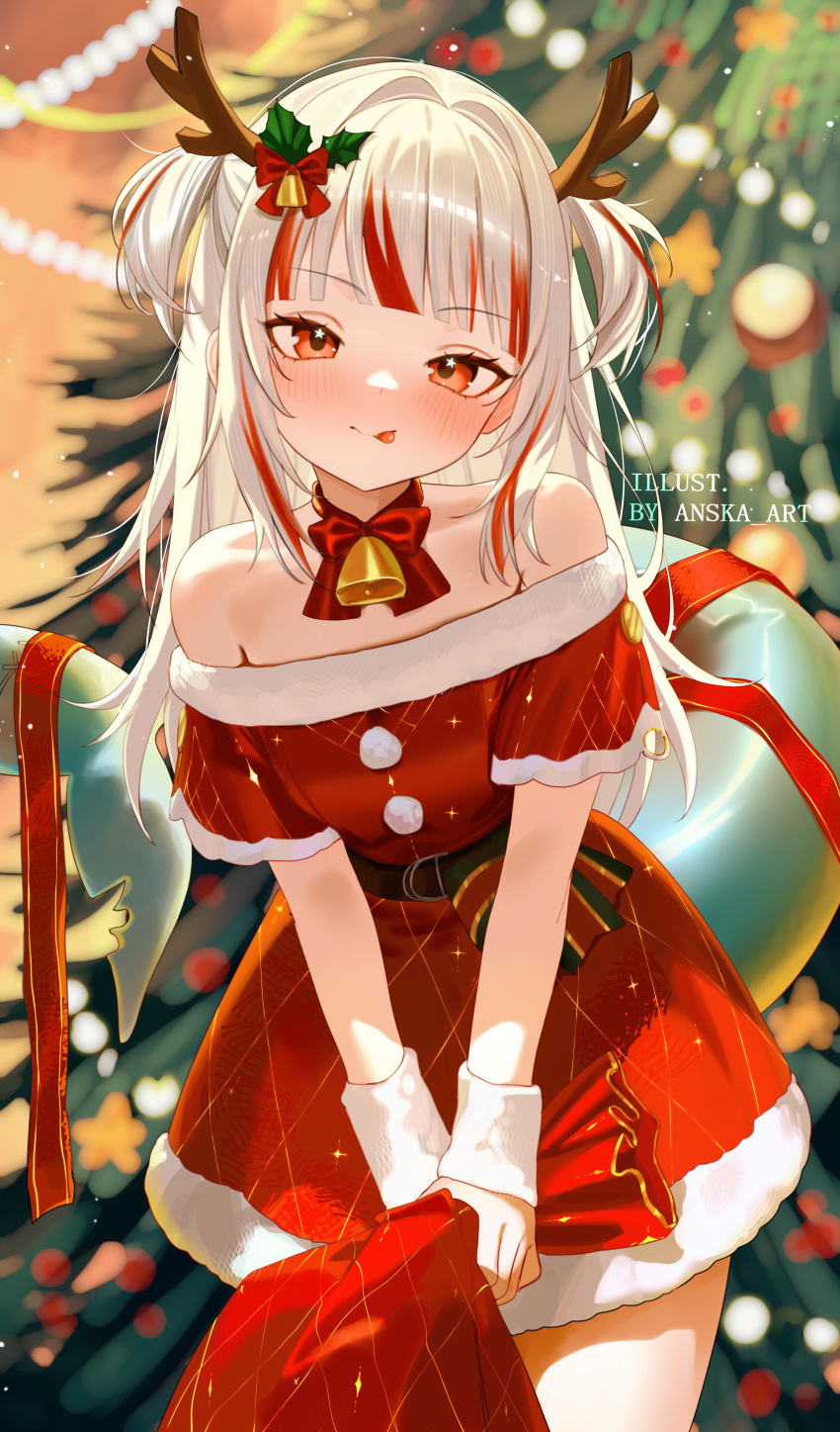 1girl, :p, absurdres, alternate_costume, antlers, bare_shoulders, bell, blunt_bangs