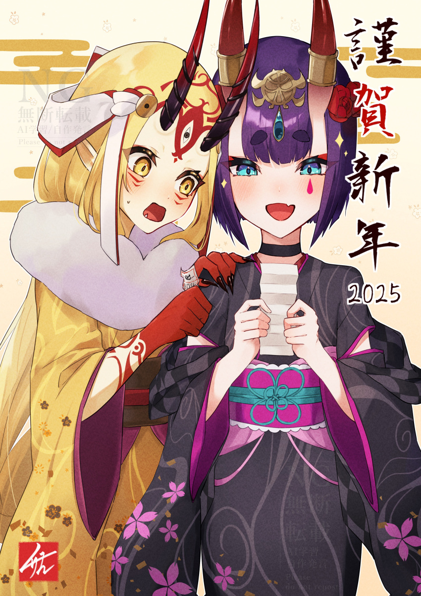 2025, 2girls, absurdres, black_kimono, blonde_hair, blue_eyes, blush, breasts