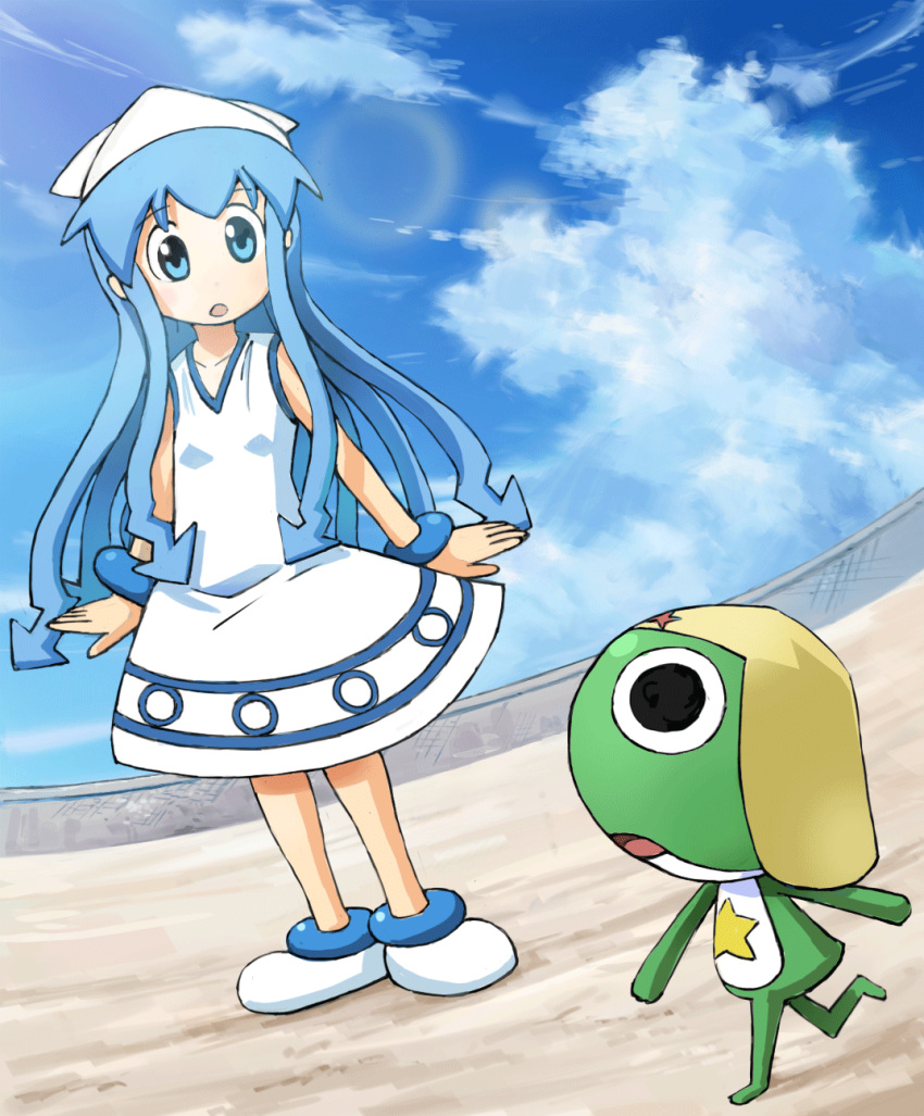 blue_hair, crossover, dress, frog, hat, highres, ikamusume, keroro