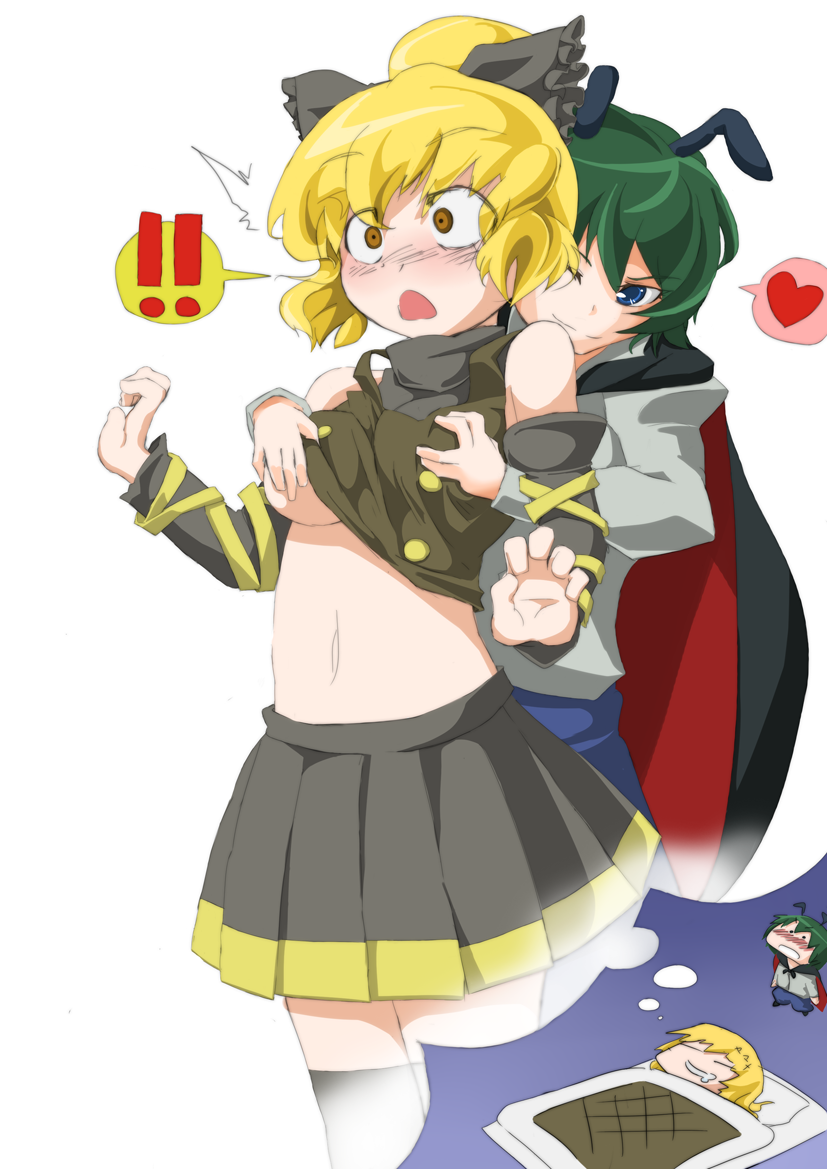 2girls, :<, :o, ;), adapted_costume, alternate_costume, androgynous, antennae