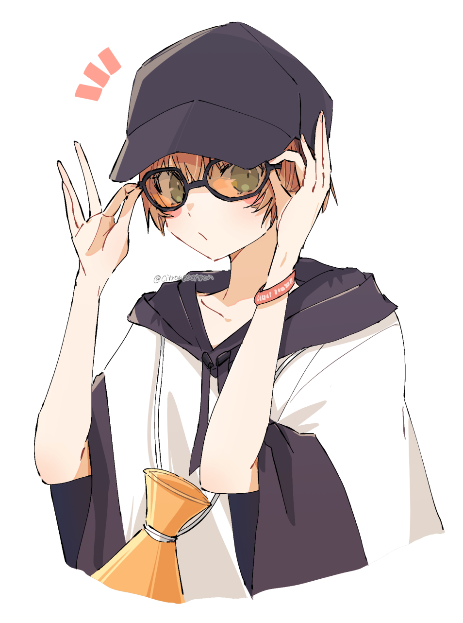 1girl, adjusting_eyewear, baseball_cap, blonde_hair, blush_stickers, citron80citron, commentary_request, cropped_torso