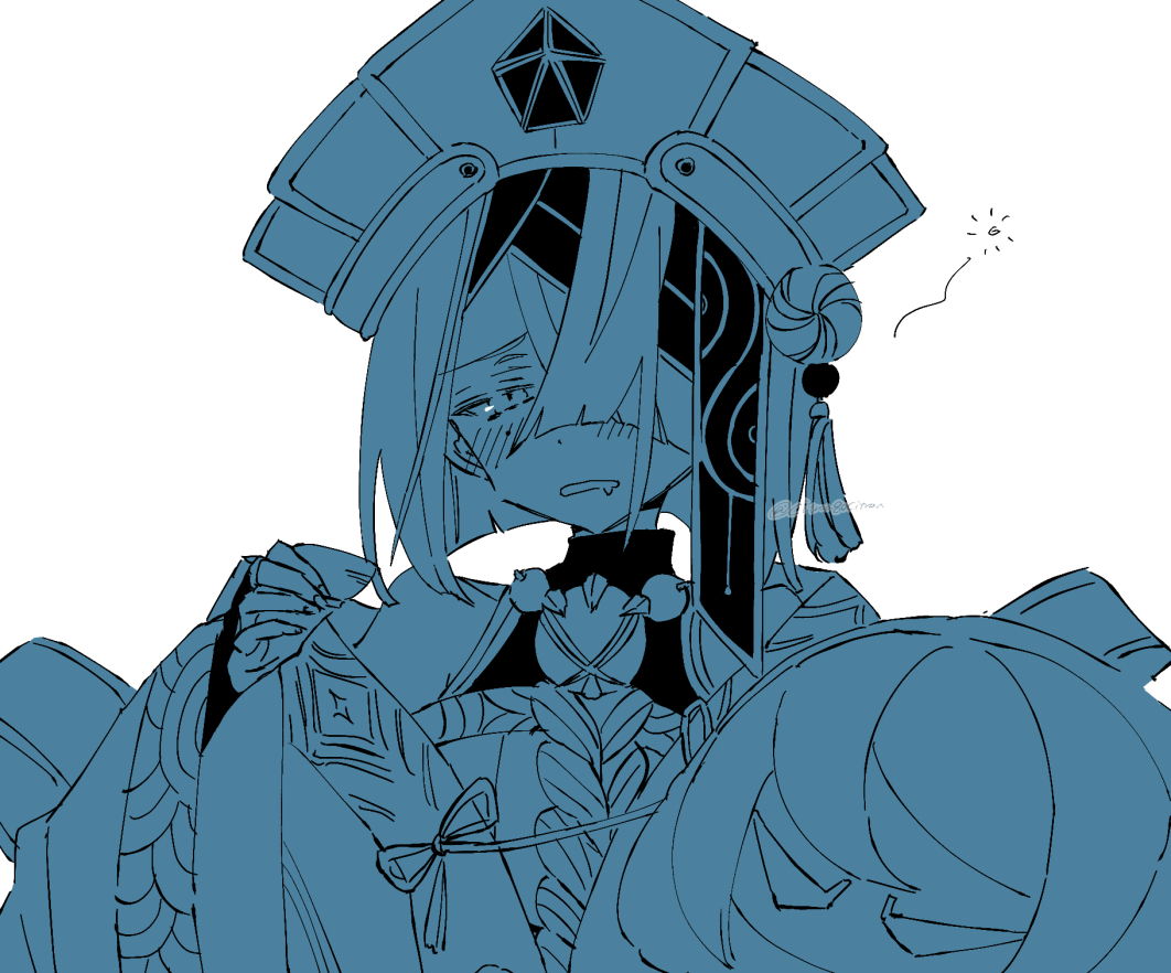 1girl, arched_bangs, blue_theme, blush, bridal_gauntlets, chinese_clothes, citron80citron, cup