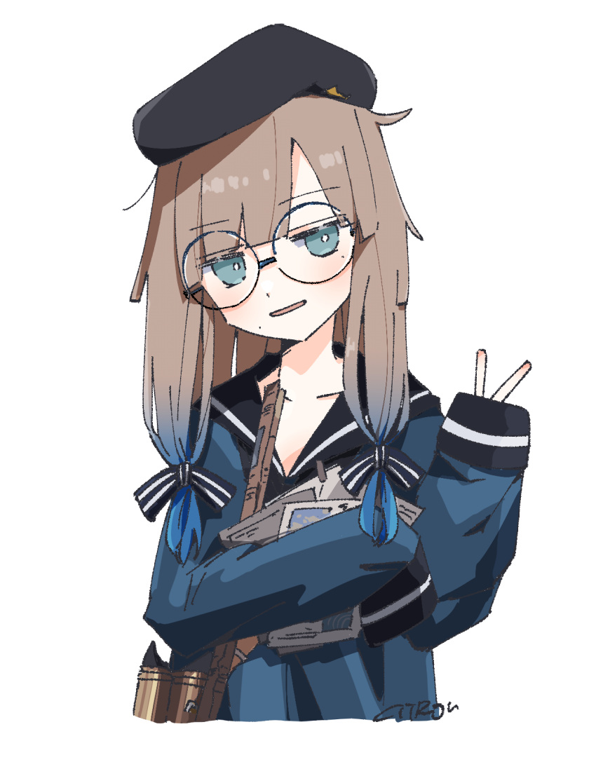 1other, androgynous, aqua_eyes, artist_name, beret, black_hat, blue_hair, blue_sailor_collar