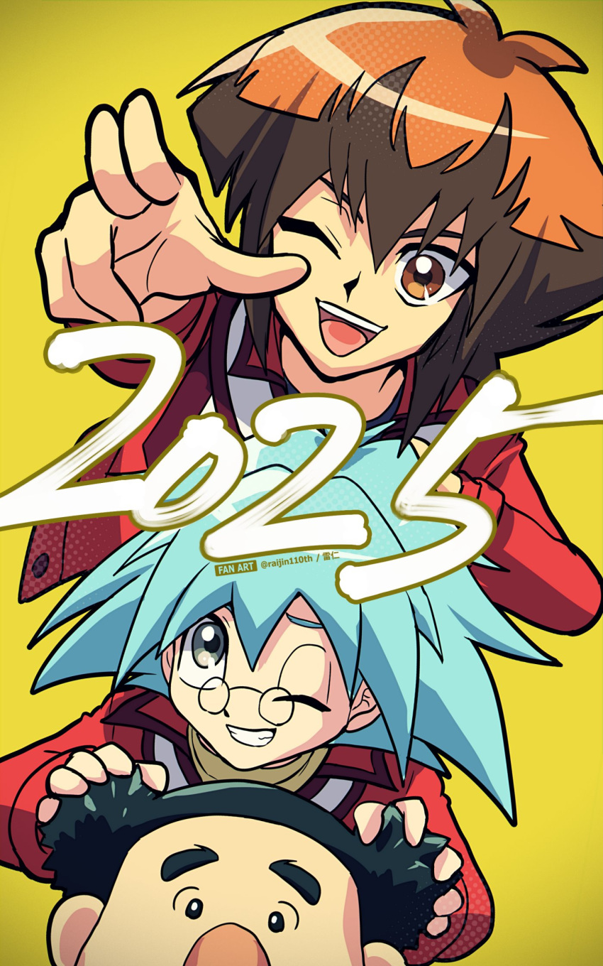 2025, 3boys, ;d, black_eyes, black_hair, blue_hair, brown_eyes, brown_hair