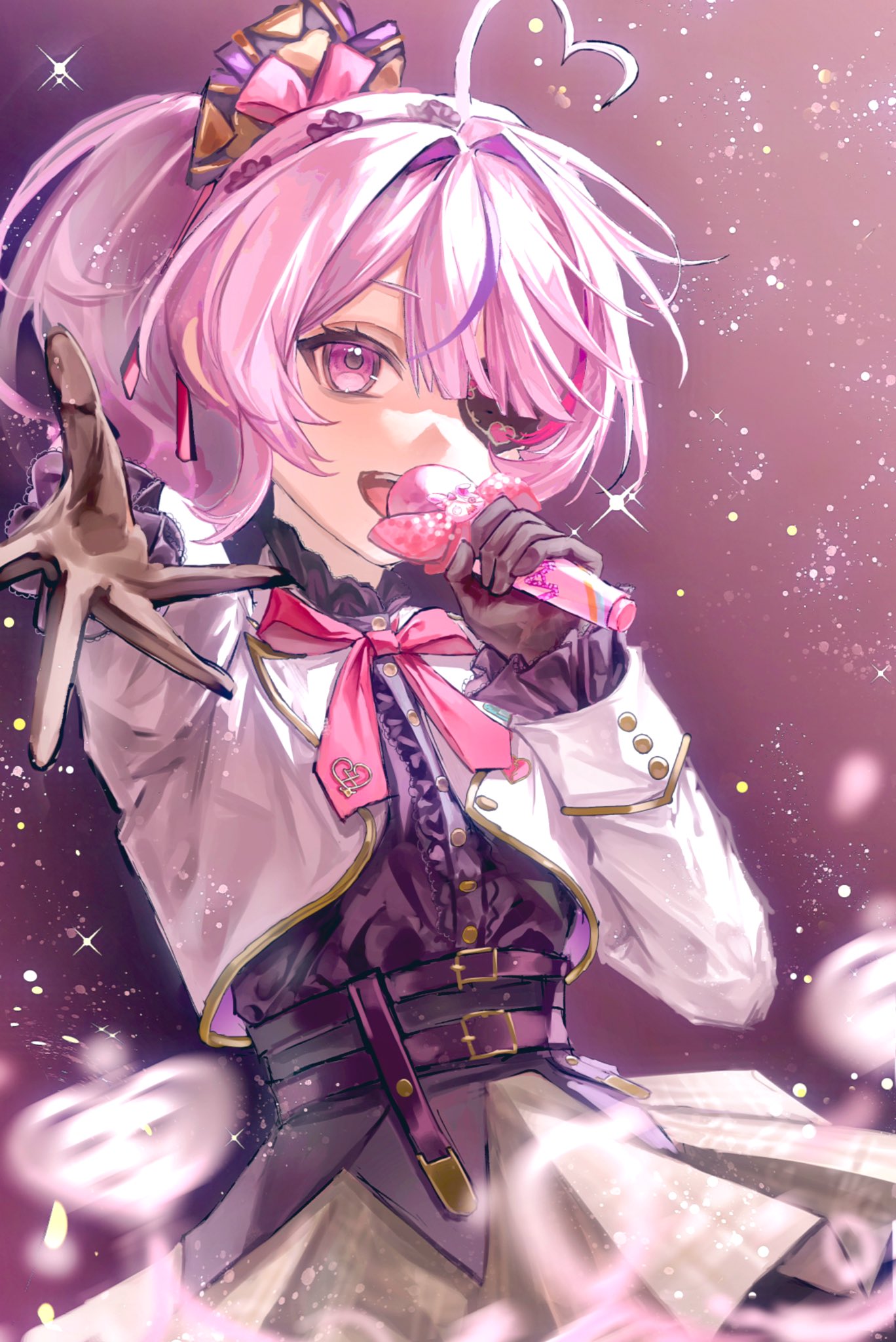 1girl, ahoge, eyepatch, hair_intakes, heart, heart_ahoge, highres, holding