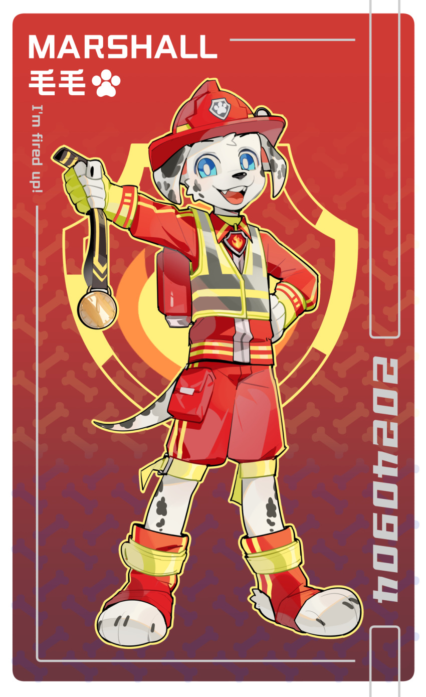 1boy, animal_ears, blue_eyes, border, character_name, claws, collar, dog_boy